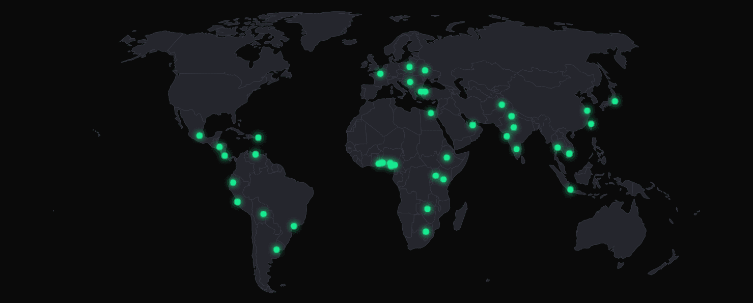 Map showing build stations from the May 2026 Dev3pack hackathon across the Americas, Europe, Africa, and Asia
